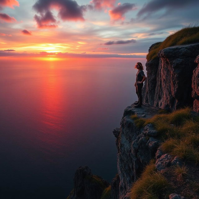 A dramatic scene capturing a lone figure standing confidently at the edge of a picturesque cliff overlooking a vast ocean