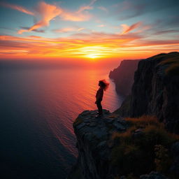A dramatic scene capturing a lone figure standing confidently at the edge of a picturesque cliff overlooking a vast ocean