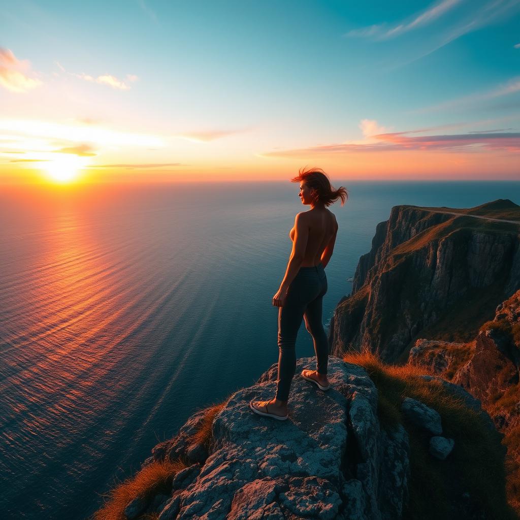 A dramatic scene capturing a lone figure standing confidently at the edge of a picturesque cliff overlooking a vast ocean