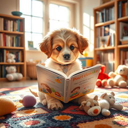 A cute puppy reading a book, sitting on a cozy, colorful rug in a warm, inviting room