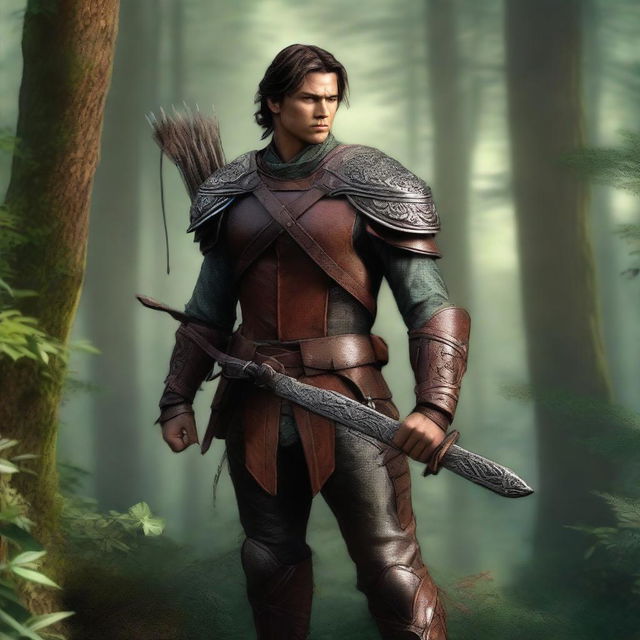 A high-quality digital art image depicts a male ranger, donned in intricate leather armor, standing poised in a lush forest