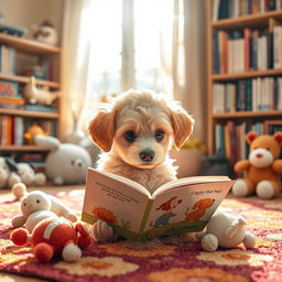 A cute puppy reading a book, sitting on a cozy, colorful rug in a warm, inviting room