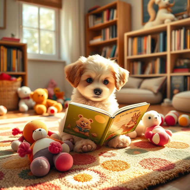 A cute puppy reading a book, sitting on a cozy, colorful rug in a warm, inviting room