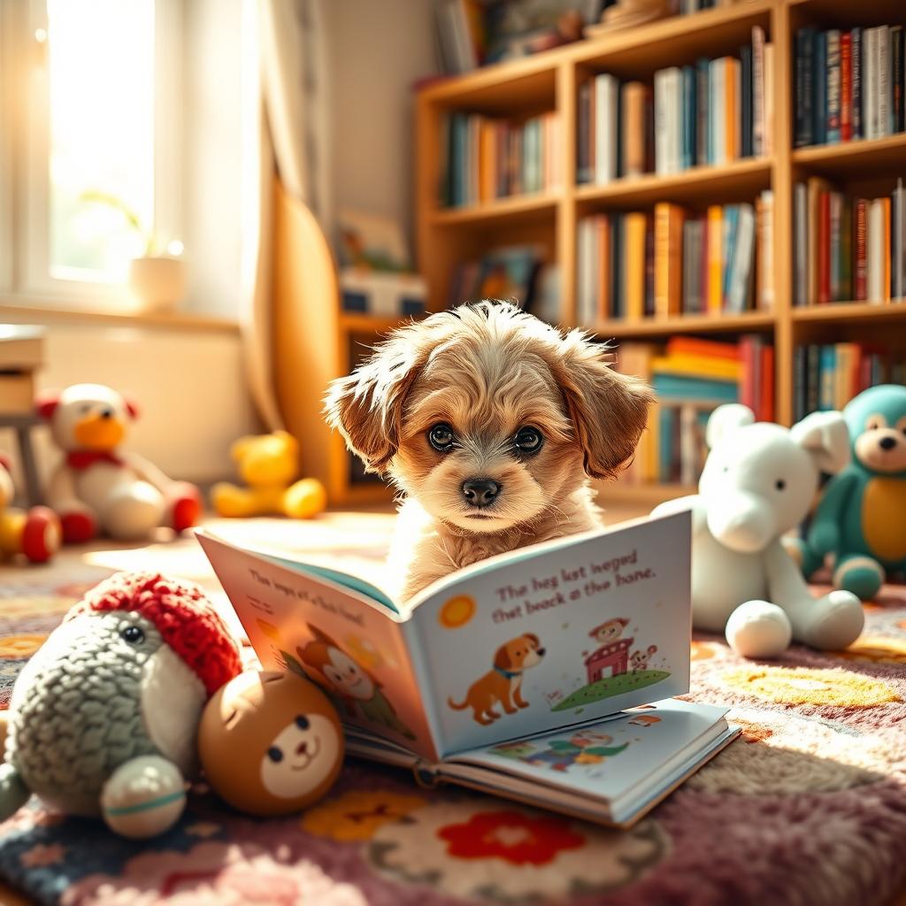A cute puppy reading a book, sitting on a cozy, colorful rug in a warm, inviting room