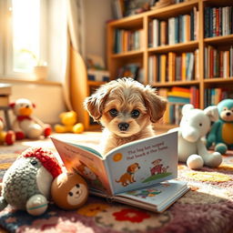 A cute puppy reading a book, sitting on a cozy, colorful rug in a warm, inviting room