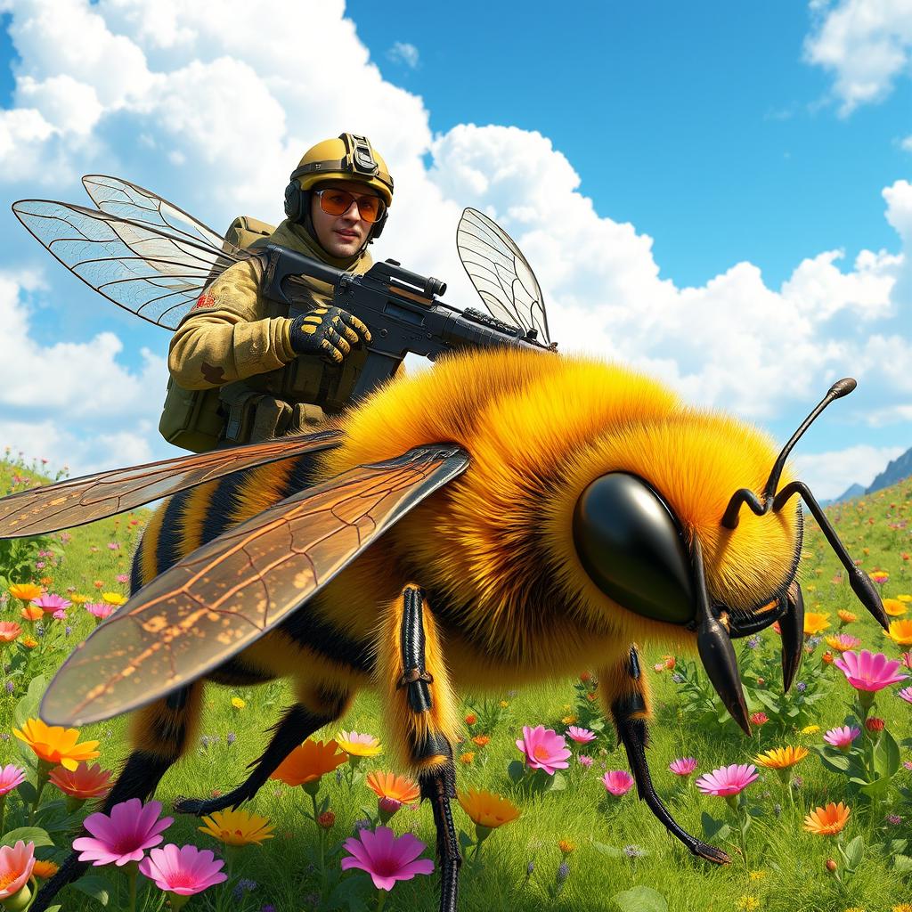 A highly detailed 3D illustration of a commando soldier riding a giant bee, set against a vibrant, fantastical landscape