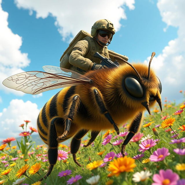 A highly detailed 3D illustration of a commando soldier riding a giant bee, set against a vibrant, fantastical landscape