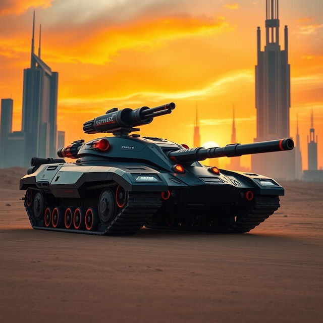 A futuristic tank featuring a large gun mounted on top, designed in a sleek black color with striking orange accents on the sides and wheels