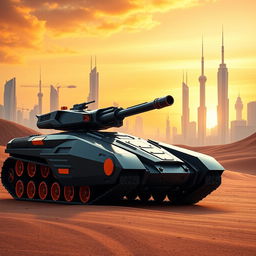 A futuristic tank featuring a large gun mounted on top, designed in a sleek black color with striking orange accents on the sides and wheels