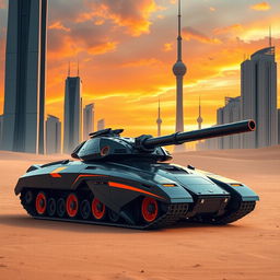 A futuristic tank featuring a large gun mounted on top, designed in a sleek black color with striking orange accents on the sides and wheels