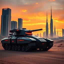 A futuristic tank featuring a large gun mounted on top, designed in a sleek black color with striking orange accents on the sides and wheels