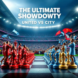 An artistic poster depicting a chess-themed rivalry between Manchester United and Manchester City