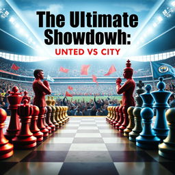 An artistic poster depicting a chess-themed rivalry between Manchester United and Manchester City