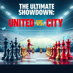 An artistic poster depicting a chess-themed rivalry between Manchester United and Manchester City