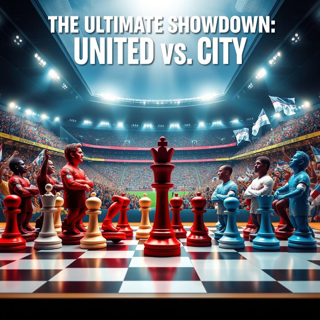 An artistic poster depicting a chess-themed rivalry between Manchester United and Manchester City
