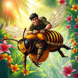 A dynamic and action-packed scene depicting an adventure commando riding a large, anthropomorphic bee through a vibrant, lush jungle