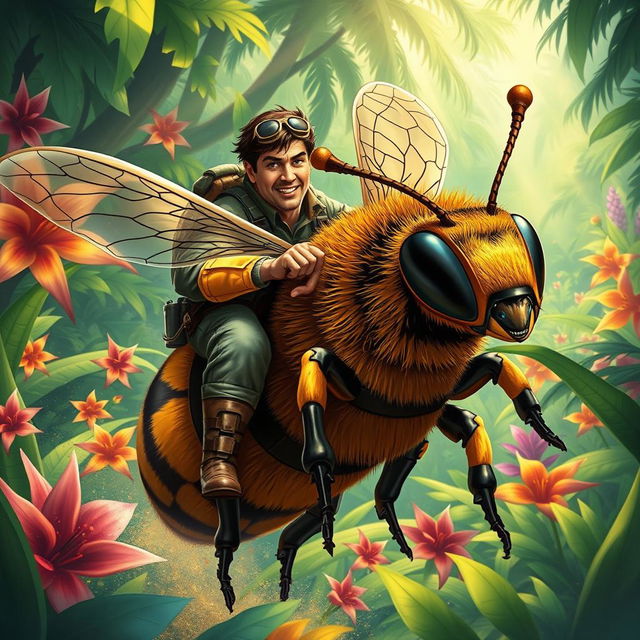 A dynamic and action-packed scene depicting an adventure commando riding a large, anthropomorphic bee through a vibrant, lush jungle