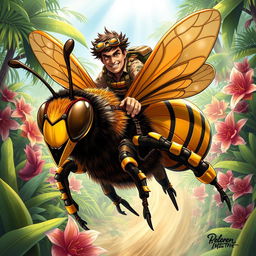 A dynamic and action-packed scene depicting an adventure commando riding a large, anthropomorphic bee through a vibrant, lush jungle
