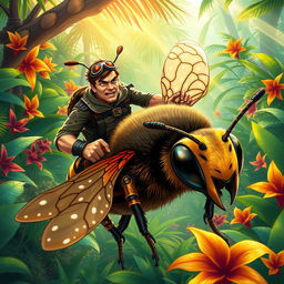 A dynamic and action-packed scene depicting an adventure commando riding a large, anthropomorphic bee through a vibrant, lush jungle