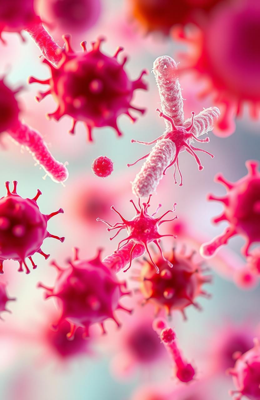 An artistic representation of a close-up view of bacterial cells under a microscope