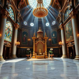 A grand throne room featuring a majestic throne at its center, surrounded by ornate architecture and intricate designs