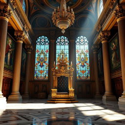 A grand throne room featuring a majestic throne at its center, surrounded by ornate architecture and intricate designs