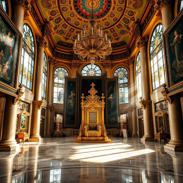 A grand throne room featuring a majestic throne at its center, surrounded by ornate architecture and intricate designs