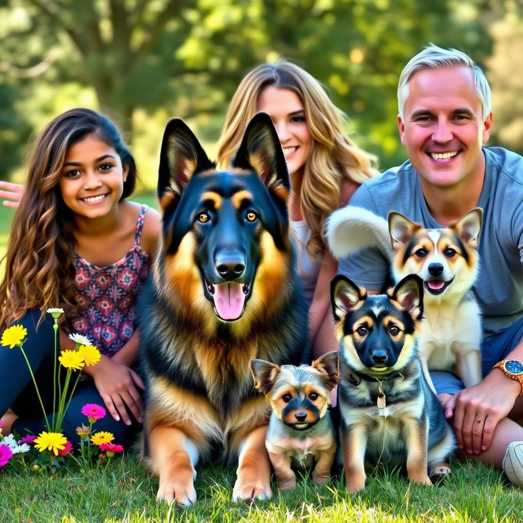 A family portrait featuring a dark-skinned girl with long, wavy brown hair and big brown eyes, a Caucasian boy with shorter wavy brown hair and brown eyes, a woman with long, wavy blonde hair and brown eyes, and a man with straight black hair, brown eyes, and a medium skin tone