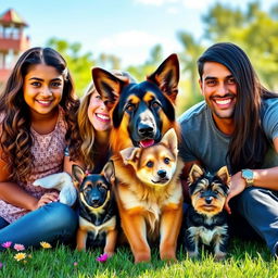 A family portrait featuring a dark-skinned girl with long, wavy brown hair and big brown eyes, a Caucasian boy with shorter wavy brown hair and brown eyes, a woman with long, wavy blonde hair and brown eyes, and a man with straight black hair, brown eyes, and a medium skin tone
