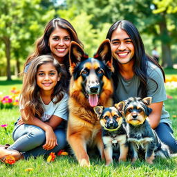 A family portrait featuring a dark-skinned girl with long, wavy brown hair and big brown eyes, a Caucasian boy with shorter wavy brown hair and brown eyes, a woman with long, wavy blonde hair and brown eyes, and a man with straight black hair, brown eyes, and a medium skin tone
