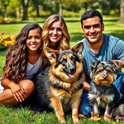A family portrait featuring a dark-skinned girl with long, wavy brown hair and big brown eyes, a Caucasian boy with shorter wavy brown hair and brown eyes, a woman with long, wavy blonde hair and brown eyes, and a man with straight black hair, brown eyes, and a medium skin tone
