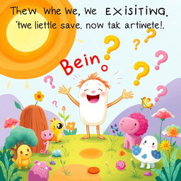 A vibrant and imaginative illustration aimed at children, exploring the profound themes of being, existing, and the great questions of life