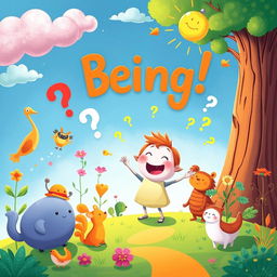 A vibrant and imaginative illustration aimed at children, exploring the profound themes of being, existing, and the great questions of life