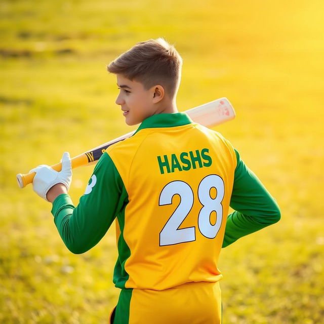 A teen boy standing proudly on a cricket field, wearing a vibrant green and yellow mixed cricket jersey