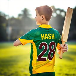 A teen boy standing proudly on a cricket field, wearing a vibrant green and yellow mixed cricket jersey