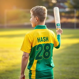 A teen boy standing proudly on a cricket field, wearing a vibrant green and yellow mixed cricket jersey