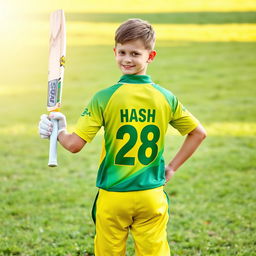 A teen boy standing proudly on a cricket field, wearing a vibrant green and yellow mixed cricket jersey