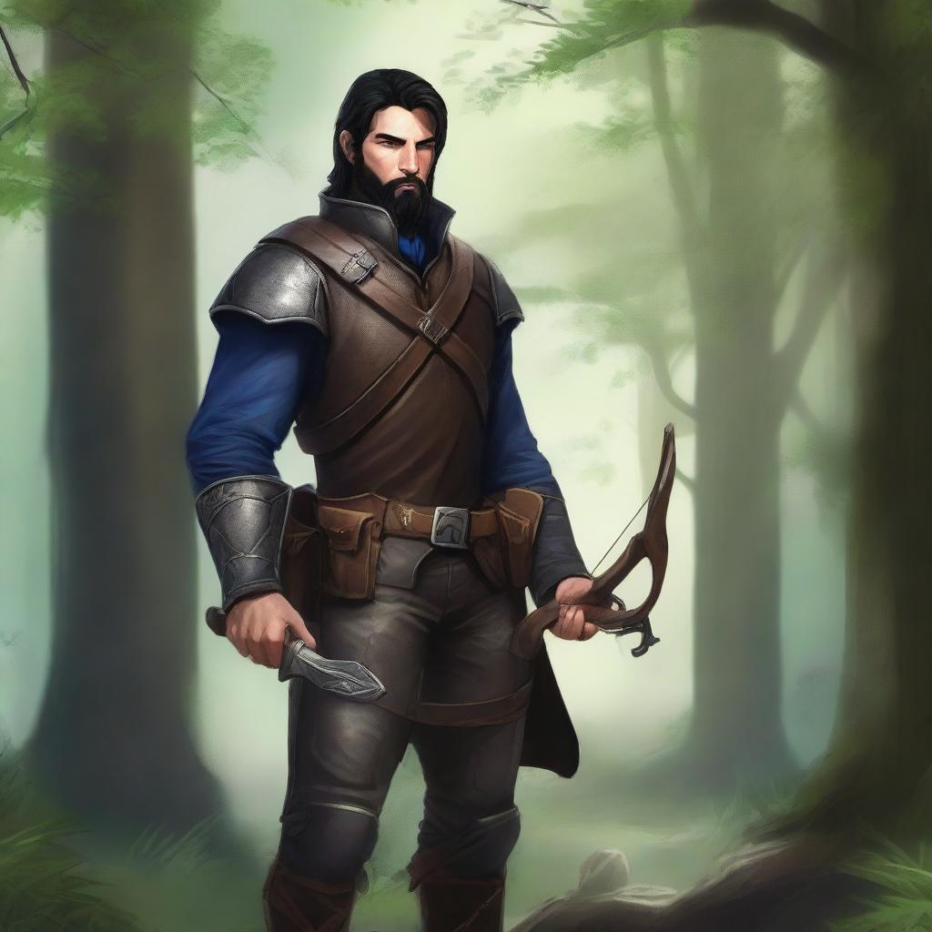 A high-quality digital art piece featuring a rugged ranger with striking blue eyes and black hair, sporting a stubble beard