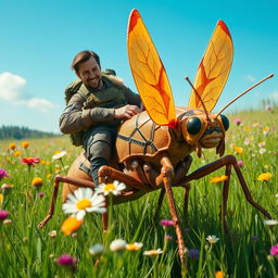 A thrilling scene featuring an adventure commando riding a giant cricket, depicted in a playful and imaginative way