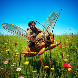 A thrilling scene featuring an adventure commando riding a giant cricket, depicted in a playful and imaginative way