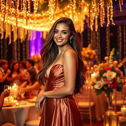 A glamorous and stylish young woman with long flowing hair, wearing an elegant evening gown, standing confidently in a beautifully lit upscale event setting, surrounded by twinkling fairy lights and exquisite floral arrangements