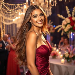 A glamorous and stylish young woman with long flowing hair, wearing an elegant evening gown, standing confidently in a beautifully lit upscale event setting, surrounded by twinkling fairy lights and exquisite floral arrangements