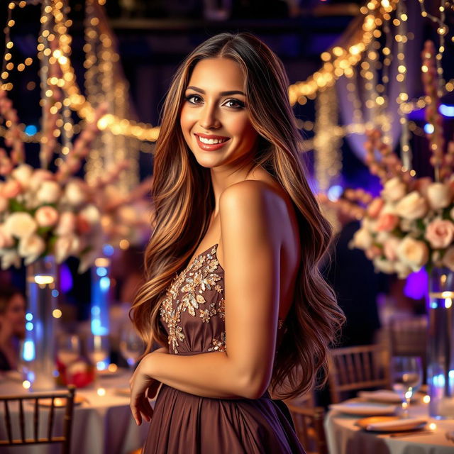 A glamorous and stylish young woman with long flowing hair, wearing an elegant evening gown, standing confidently in a beautifully lit upscale event setting, surrounded by twinkling fairy lights and exquisite floral arrangements