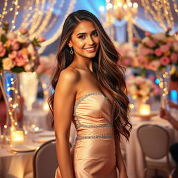 A glamorous and stylish young woman with long flowing hair, wearing an elegant evening gown, standing confidently in a beautifully lit upscale event setting, surrounded by twinkling fairy lights and exquisite floral arrangements