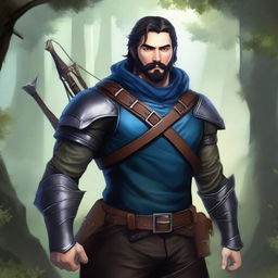 A high-quality digital art piece featuring a rugged ranger with striking blue eyes and black hair, sporting a stubble beard