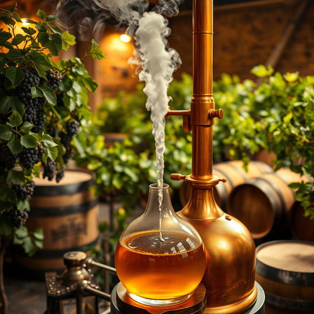 An intricate scene showcasing the distillation of pisco through steam distillation method