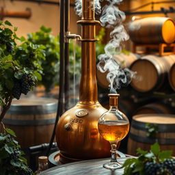 An intricate scene showcasing the distillation of pisco through steam distillation method
