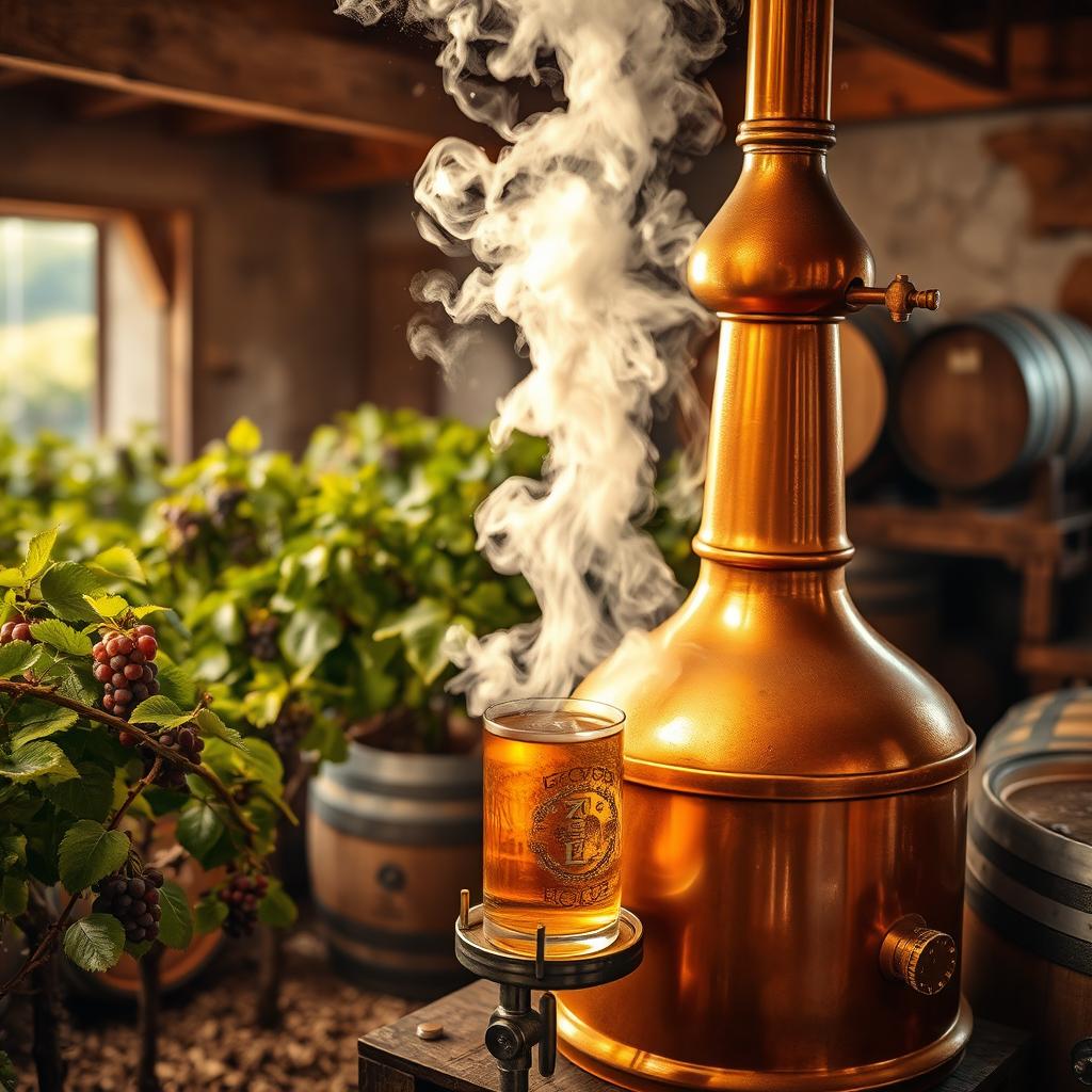 An intricate scene showcasing the distillation of pisco through steam distillation method