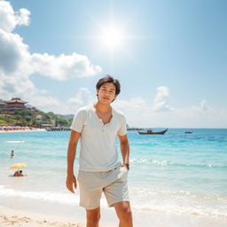 An image of a person standing on the beach in China, showcasing a picturesque scenery