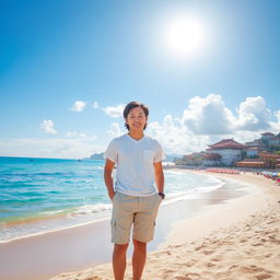 An image of a person standing on the beach in China, showcasing a picturesque scenery